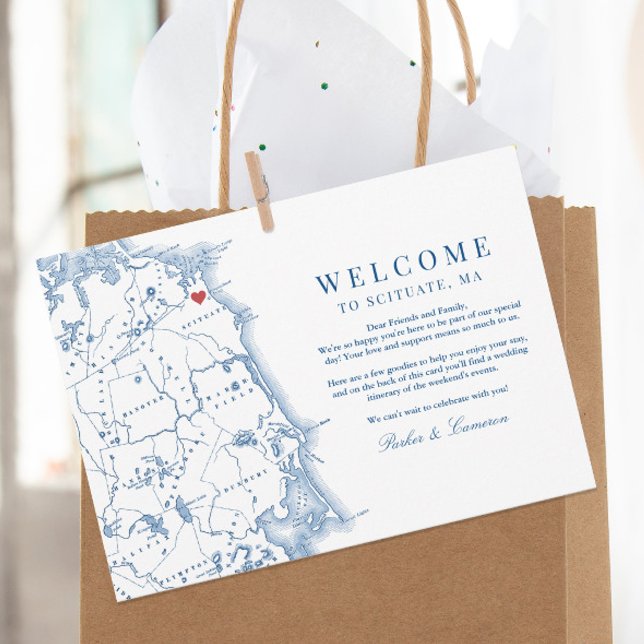 Scituate MA Map Wedding Welcome and Itinerary Thank You Card (These Welcome to Scituate wedding welcome letters include your itinerary on the back)