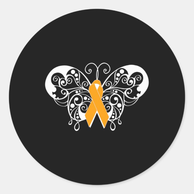 Sclerosis Awareness Orange Ribbon Butterfly  Classic Round Sticker (Front)