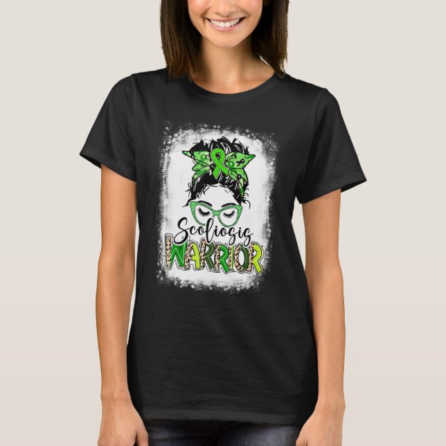Scoliosis Warrior Awareness Messy Bun Green Ribbon T-Shirt (Front)