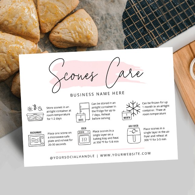 Scones Care & Serving Guide Watercolor Bakery Logo Business Card (Trendy scones care cards with icons, modern script font and pink watercolor design and your logo)