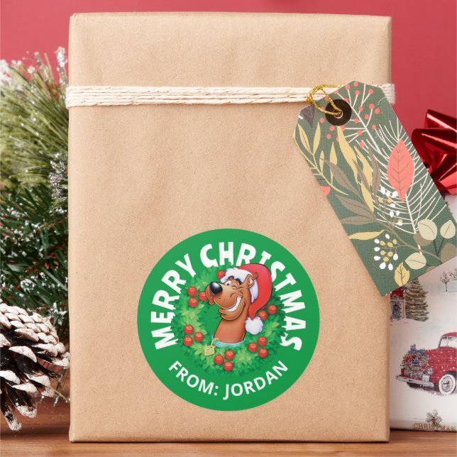 Scooby in Christmas Wreath | Personalized Classic Round Sticker (Holiday)