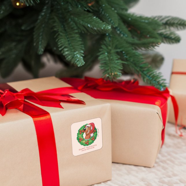 Scooby in Christmas Wreath - Personalized Square Sticker (Sticker on gift)