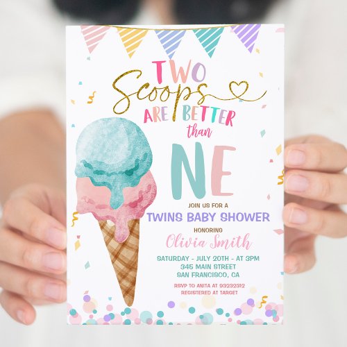 Scoop Ice Cream Twins Baby Shower Invitation