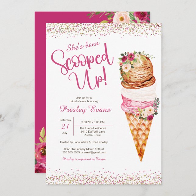 Scooped up, Ice Cream Floral Bridal Shower  Invitation (Front/Back)