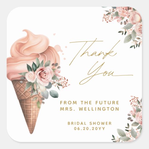 Scooped Up Ice Cream Floral Pink Bridal Shower Square Sticker