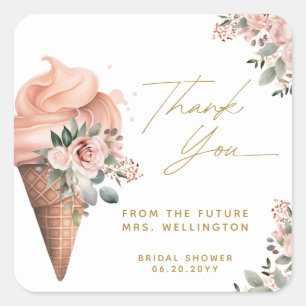 Scooped Up Ice Cream Floral Pink Bridal Shower Square Sticker