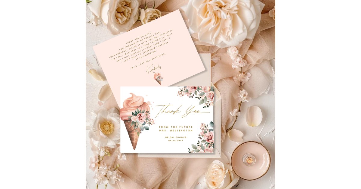 Scooped Up Ice Cream Floral Pink Bridal Shower Thank You Card | Zazzle