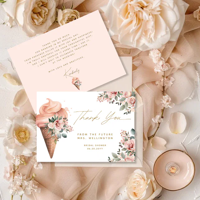 Scooped Up Ice Cream Floral Pink Bridal Shower Thank You Card | Zazzle