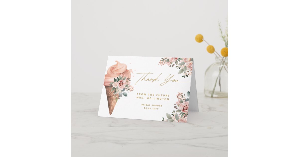 Scooped Up Ice Cream Floral Pink Bridal Shower Thank You Card | Zazzle