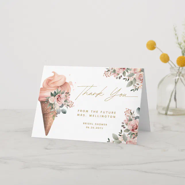 Scooped Up Ice Cream Floral Pink Bridal Shower Thank You Card | Zazzle