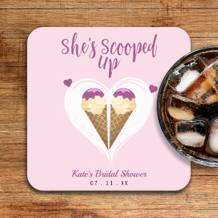 Scooped Up Pink Ice Cream Heart Bridal Shower Square Paper Coaster