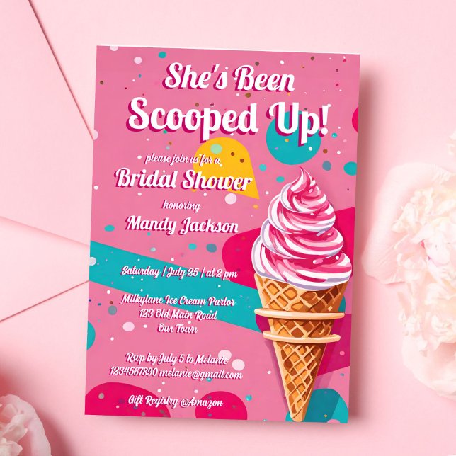 Scooped up retro ice cream pink bridal shower invitation (She's been Scooped up pink retro ice cream bridal shower invitation template digital download)