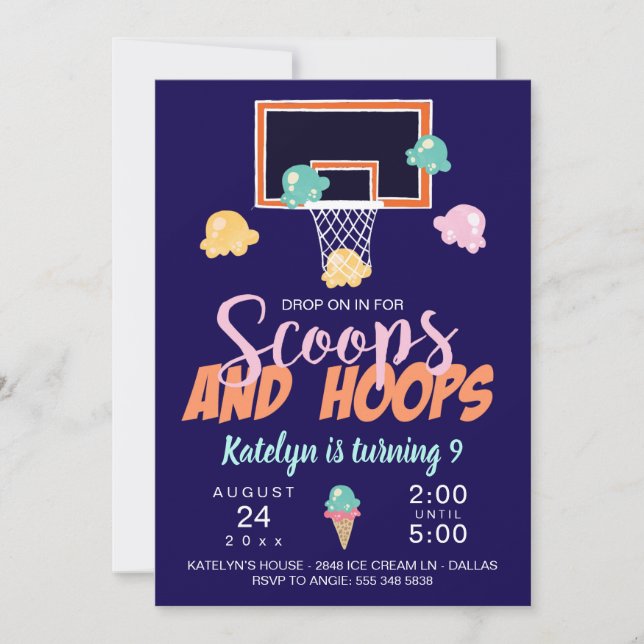 Scoops and Hoops Girl Basketball Invitation (Front)