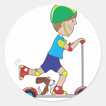 Scooter Boy Classic Round Sticker by mariabellimages at Zazzle