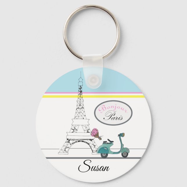 Scooter riding past the Eiffel Tower Paris France Keychain (Front)