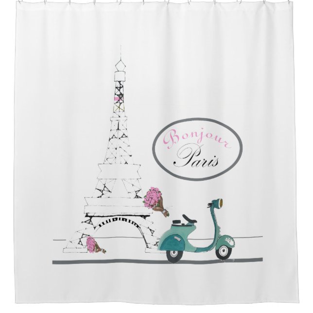 Scooter riding past the Eiffel Tower Paris France Shower Curtain (Front)