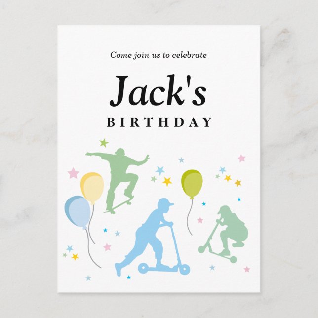 Scooters, Bikes, Skateboards, ride on over Invitation Postcard (Front)