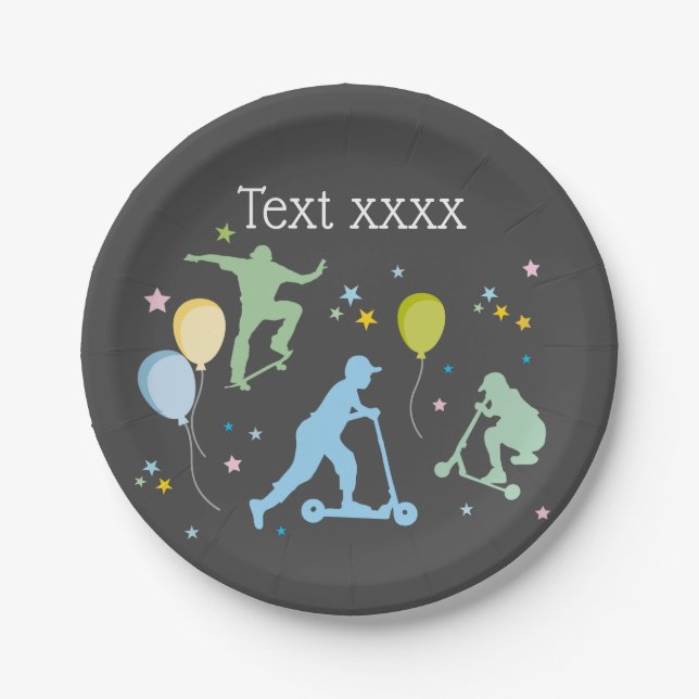 Scooters, Bikes, Skateboards, ride on over Paper Plates (Front)