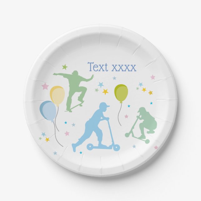 Scooters, Bikes, Skateboards, ride on over Paper Plates (Front)