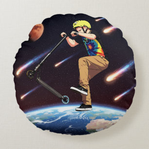 Scooting For The Stars - Scooter Rider In Space Round Pillow