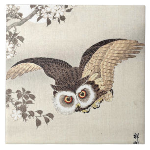 Scops Owl, Cherry Blossoms & Moon Japanese Ceramic Tile
