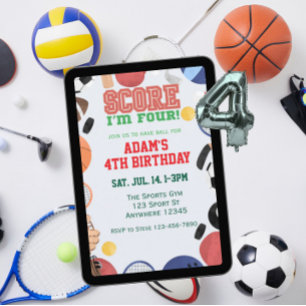 Score I'm Four, Sports 4th Birthday Invitation