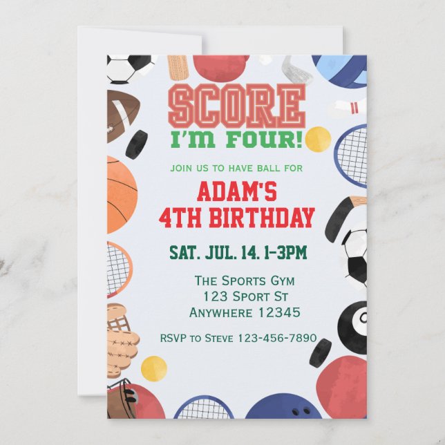 Score I'm Four, Sports 4th Birthday Invitation (Front)