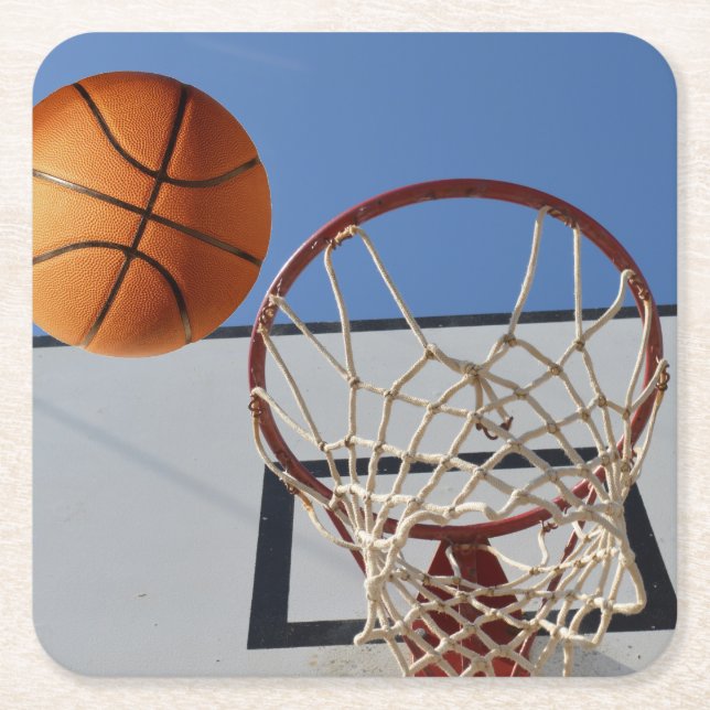 Scoring Points Basketball Going Through A Hoop, Square Paper Coaster (Front)
