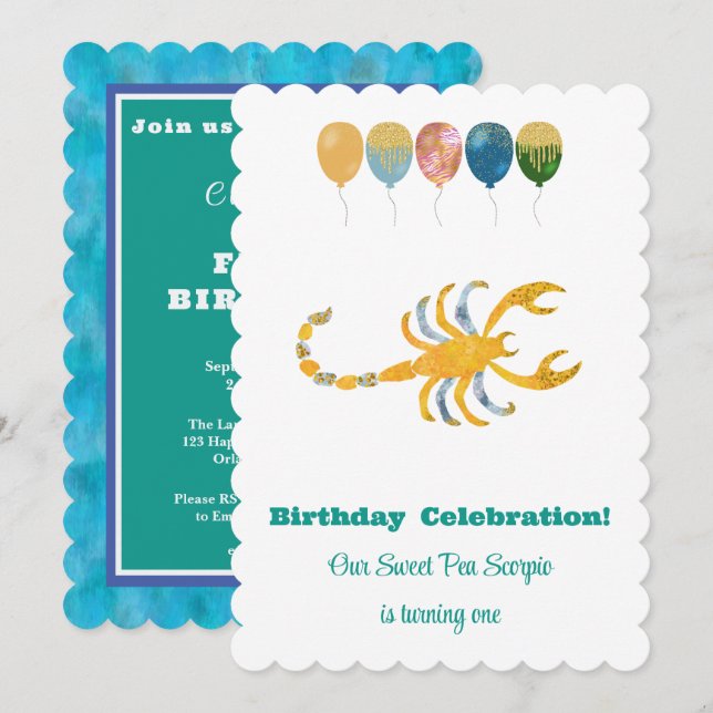 Scorpio 1st Birthday Impressionist Gold Glitter Invitation (Front/Back)