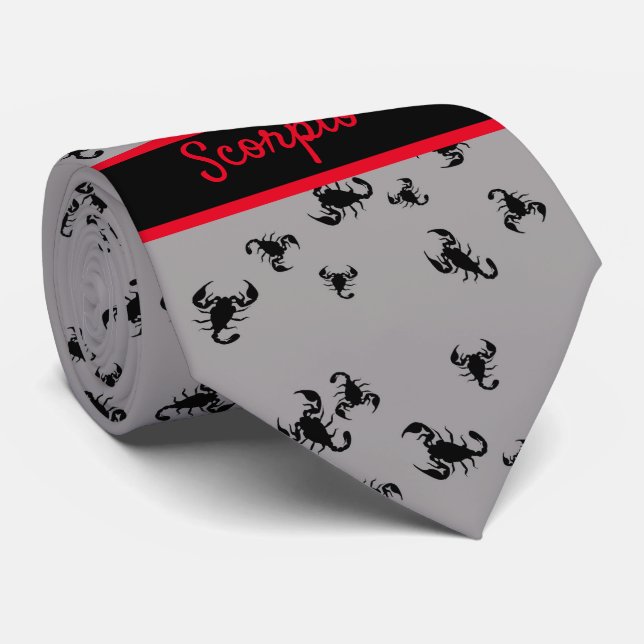 Scorpio Astrology Monogram Grey Black Scorpion Neck Tie (Rolled)