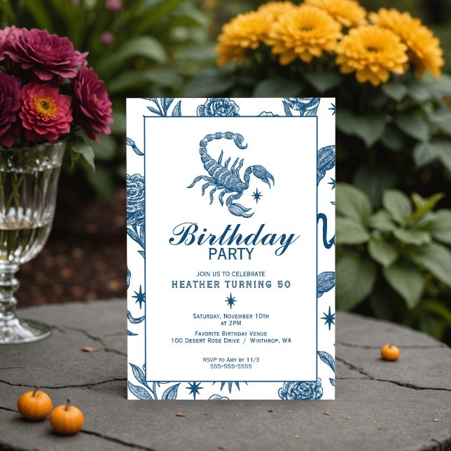 Scorpio Birthday Elegant Toile Scorpions Celestial Invitation (Scorpio birthday invite with hand-drawn toile stars, scorpions & roses in Delft blue.)