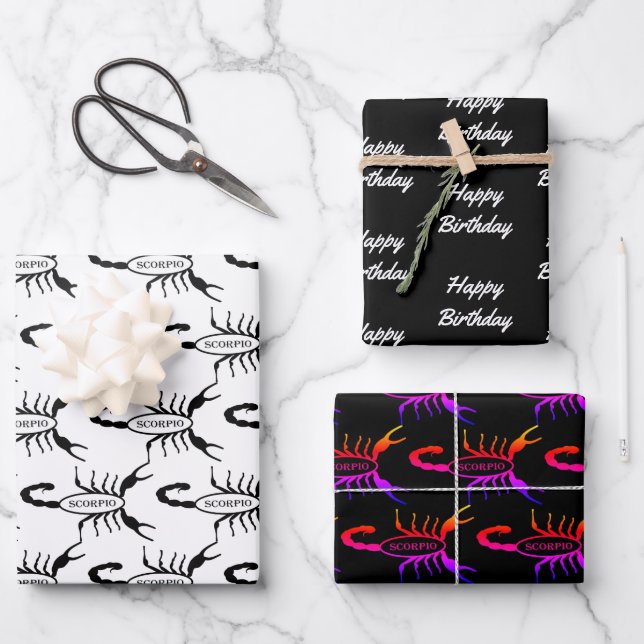 Scorpio Black Scorpion Star Sign Custom Birthday Wrapping Paper Sheets (Front)
