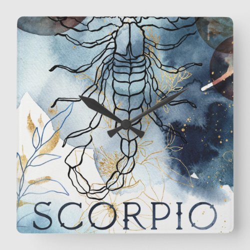 Scorpio blue gold flowers planets zodiac astrology square wall clock