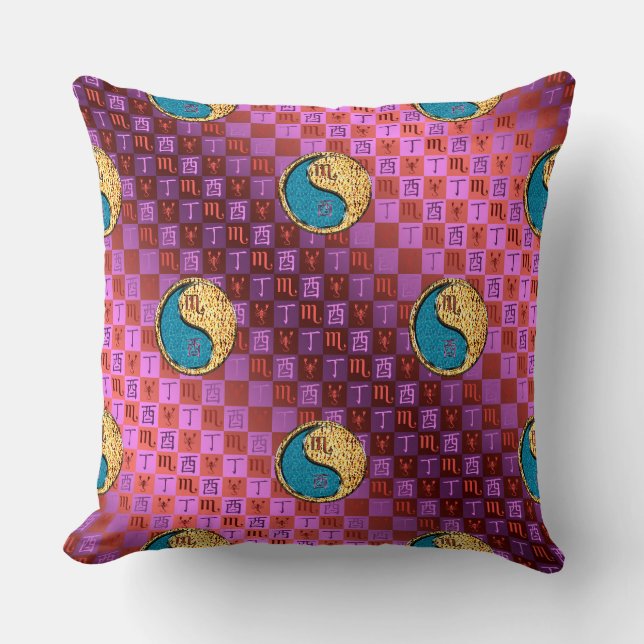 Scorpio & Fire Rooster Throw Pillow (Front)