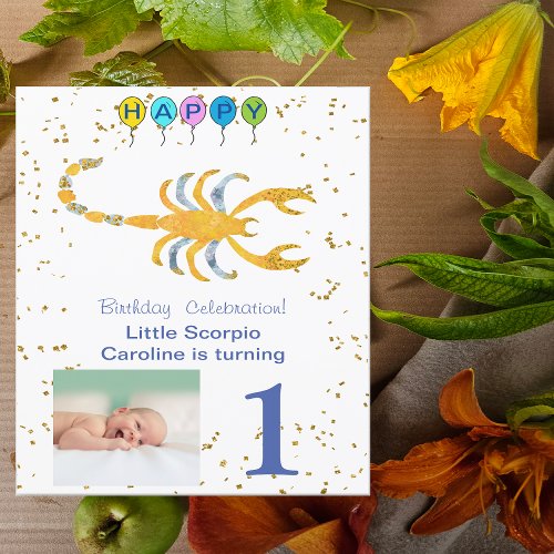 Scorpio First Birthday Gold Balloons  Photo Invitation