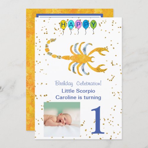 Scorpio First Birthday Gold Balloons  Photo Invitation