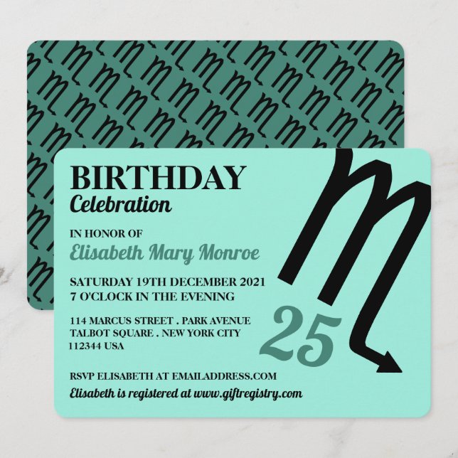 Scorpio, Scorpion, Zodiac Star Sign, Birthday Invitation (Front/Back)