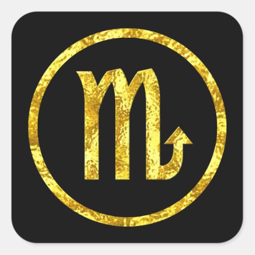 Scorpio Sign Gold Black Circle Hammered Gold Look Square Sticker