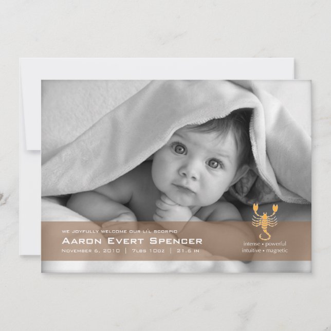 Scorpio the Scorpion Photo Birth Announcement Card (Front)