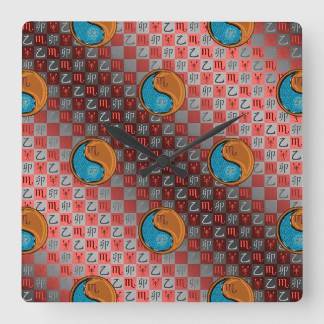 Scorpio & Wood Rabbit Square Wall Clock (Front)