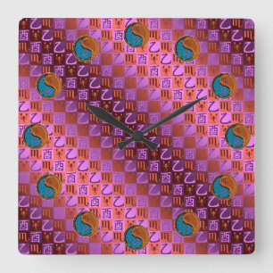 Scorpio & Wood Rooster Square Wall Clock
