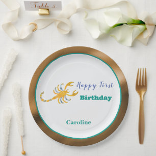 Scorpio Zodiac 1st Birthday Gold & Teal Artistic Paper Plates