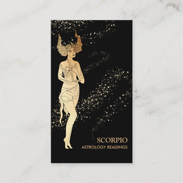 *~* SCORPIO Zodiac Astrology Reading Black Gold Business Card (Front)