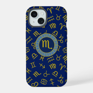 Scorpio Zodiac+Astrology Symbols Pattern Gld+Blues iPhone 15 Case
