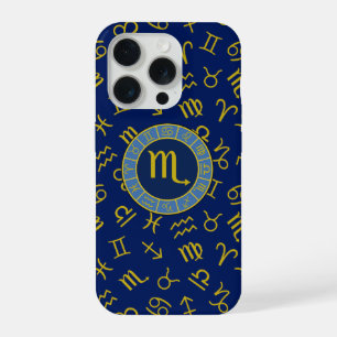 Scorpio Zodiac+Astrology Symbols Pattern Gld+Blues iPhone 15 Pro Case