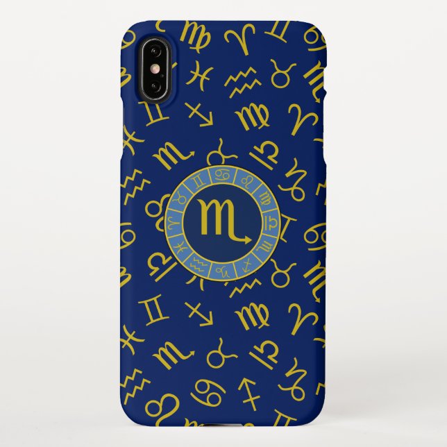 Scorpio Zodiac+Astrology Symbols Pattern Gld+Blues iPhone Case (Back)