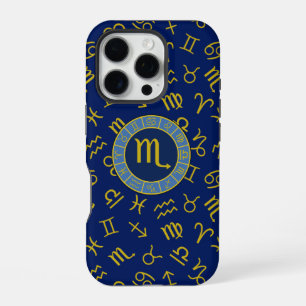 Scorpio Zodiac+Astrology Symbols Pattern Gld+Blues iPhone 16 Pro Case