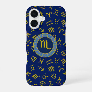 Scorpio Zodiac+Astrology Symbols Pattern Gld+Blues iPhone 16 Case