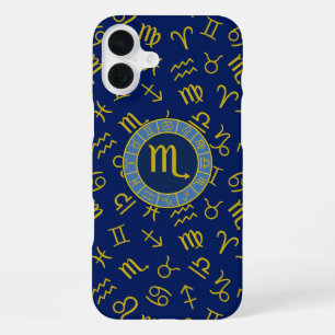Scorpio Zodiac+Astrology Symbols Pattern Gld+Blues iPhone 16 Plus Case