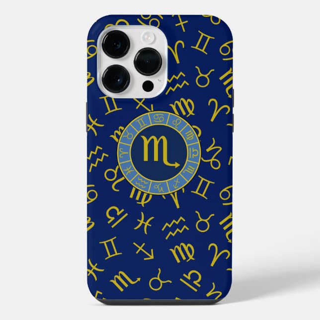 Scorpio Zodiac+Astrology Symbols Pattern Gld+Blues iPhone Case (Back)